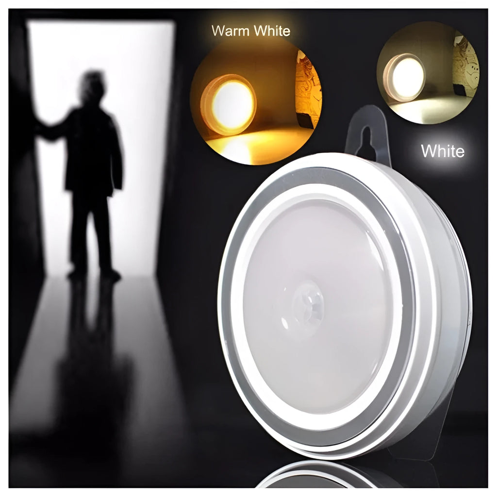 Round white motion sensor LED light with 80mm diameter for wardrobe and cabinet installation