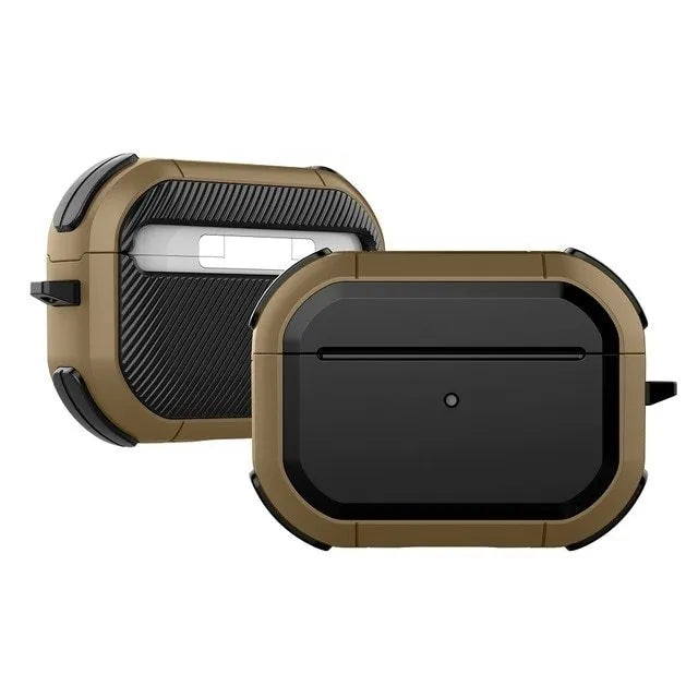 Black TPU and PC protective case for Apple AirPods Pro earbuds sitting on a table.