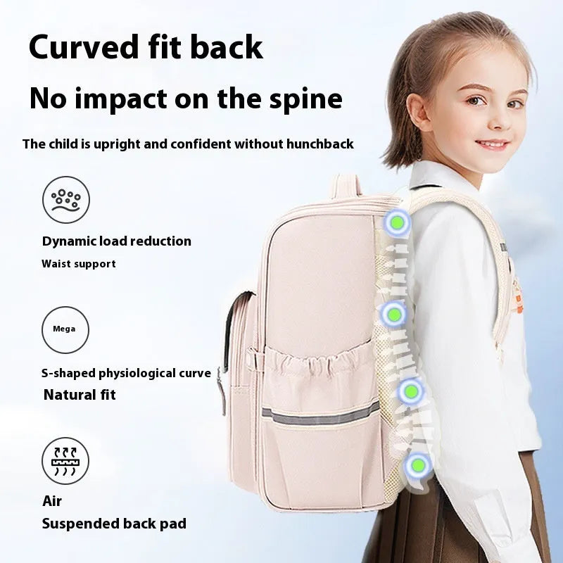 Lightweight Oxford cloth school backpack for students in navy blue, shown in a classroom setting.