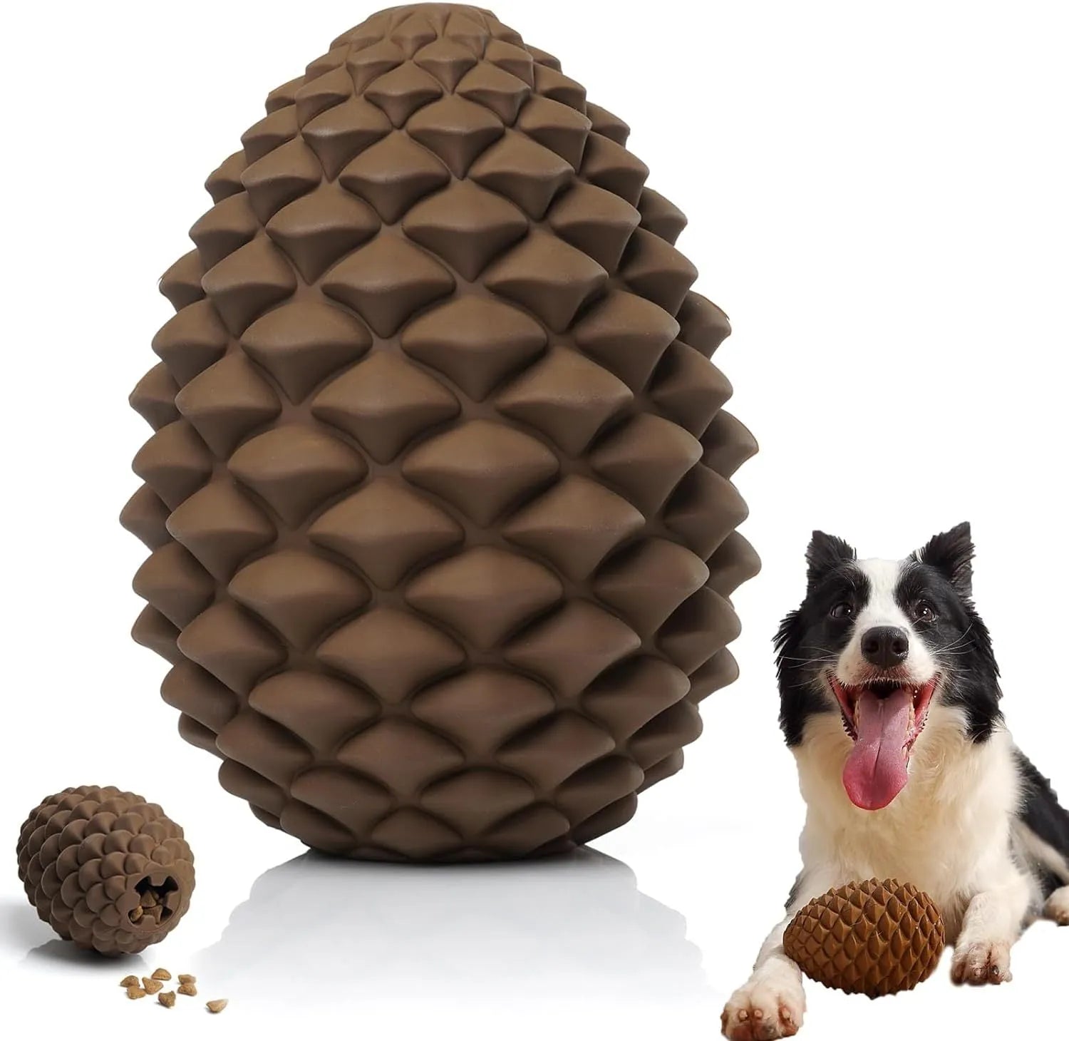 Yellow natural rubber pine cone-shaped dog chew toy with treat dispenser hole.