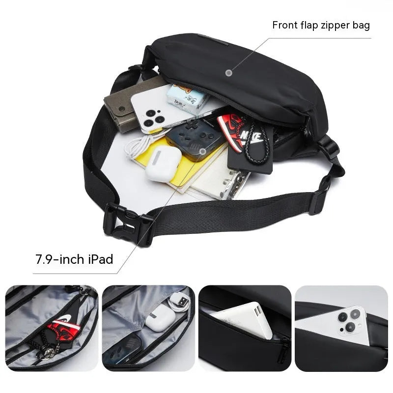 Black Oxford cloth messenger bag for men with one-shoulder strap design.