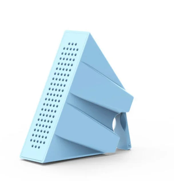 Mini mobile phone amplifier bracket on desktop enhancing smartphone sound in black, blue, pink or orange