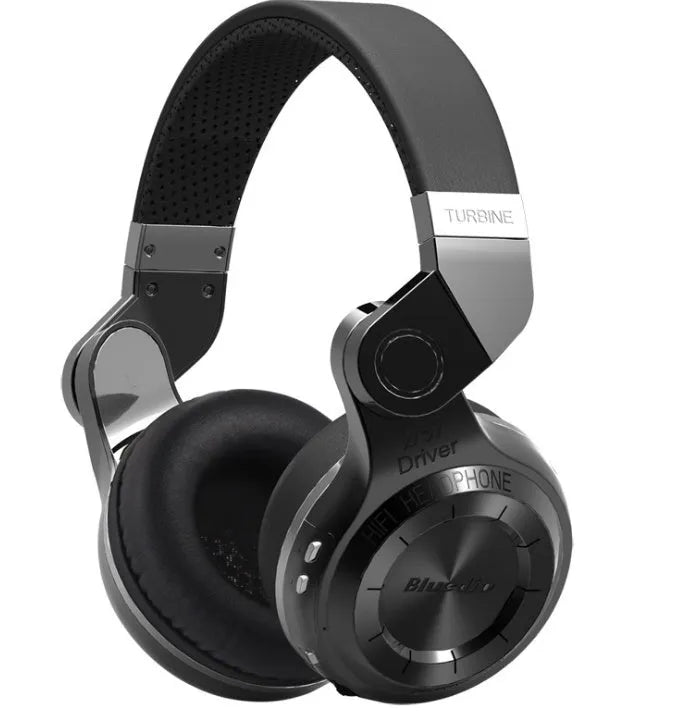 Blue String T2 Smart Edition 4.1 black and white over-ear Bluetooth headset shown in folded and unfolded positions with auxiliary cable.