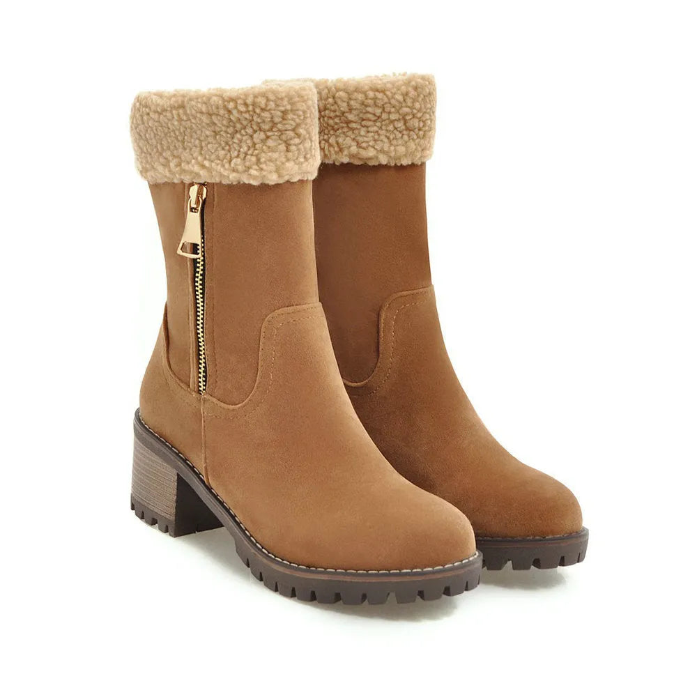 Waterproof snow boots with short plush lining in black, grey, green, or orange.