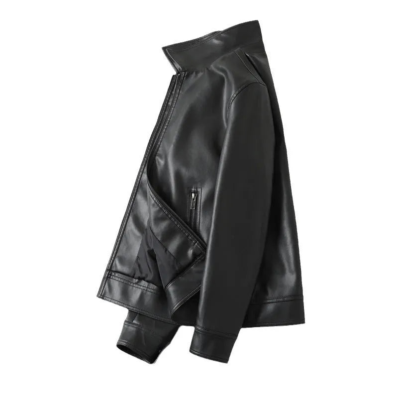 Men's black PU leather casual jacket showing front view with zipper pockets.