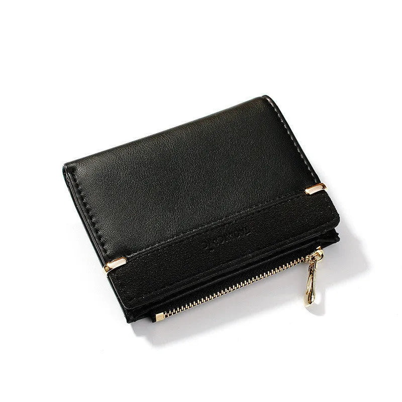 A two-fold PU leather ladies wallet with a zipper, shown in multiple colours, displaying internal card slots and compartments.