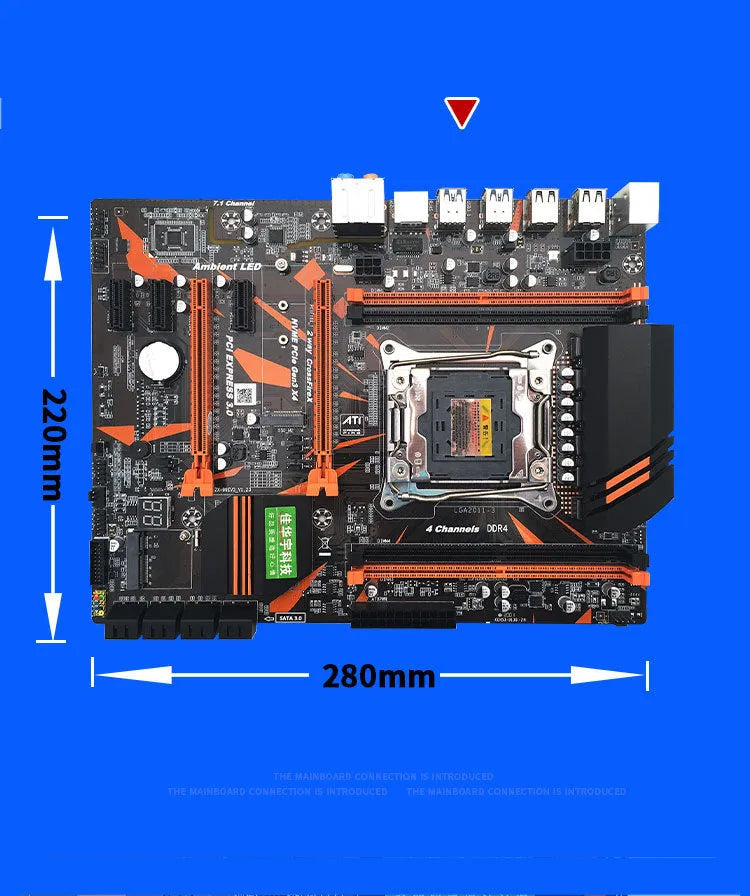 Black X99 chipset desktop motherboard with LGA2011-3 socket, four DDR4 slots, and PCIe expansion slots.