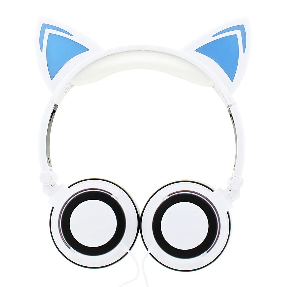 LED illuminated black cat ear headphones with soft PU earcups and a 1.5m cable showing pink and blue lighting