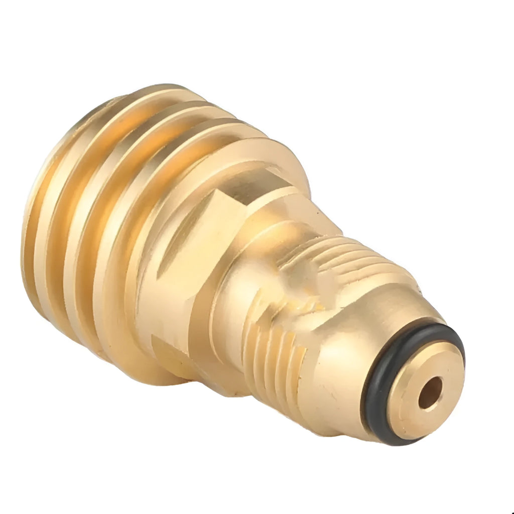 Brass gas brazier adapter with gold finish, showing taper external thread.