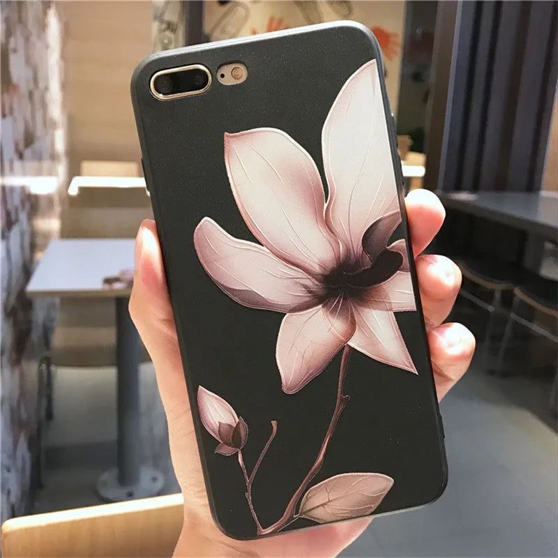 Embossed floral design TPU phone case for iPhone in black and white options