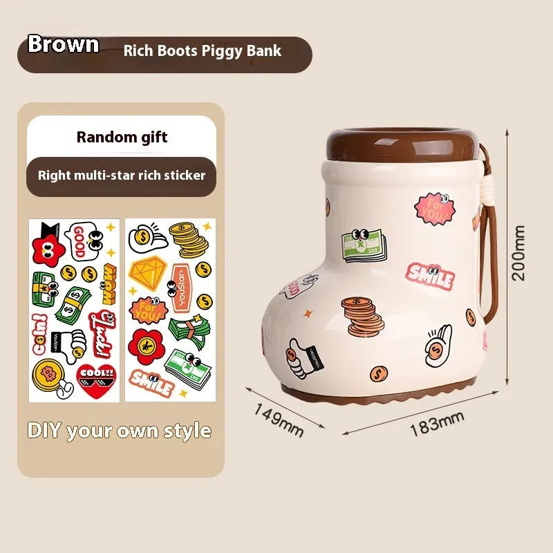 Cartoon design plastic desktop organiser with storage box, pen container, tissue box and coin bank accessories in red and brown colours