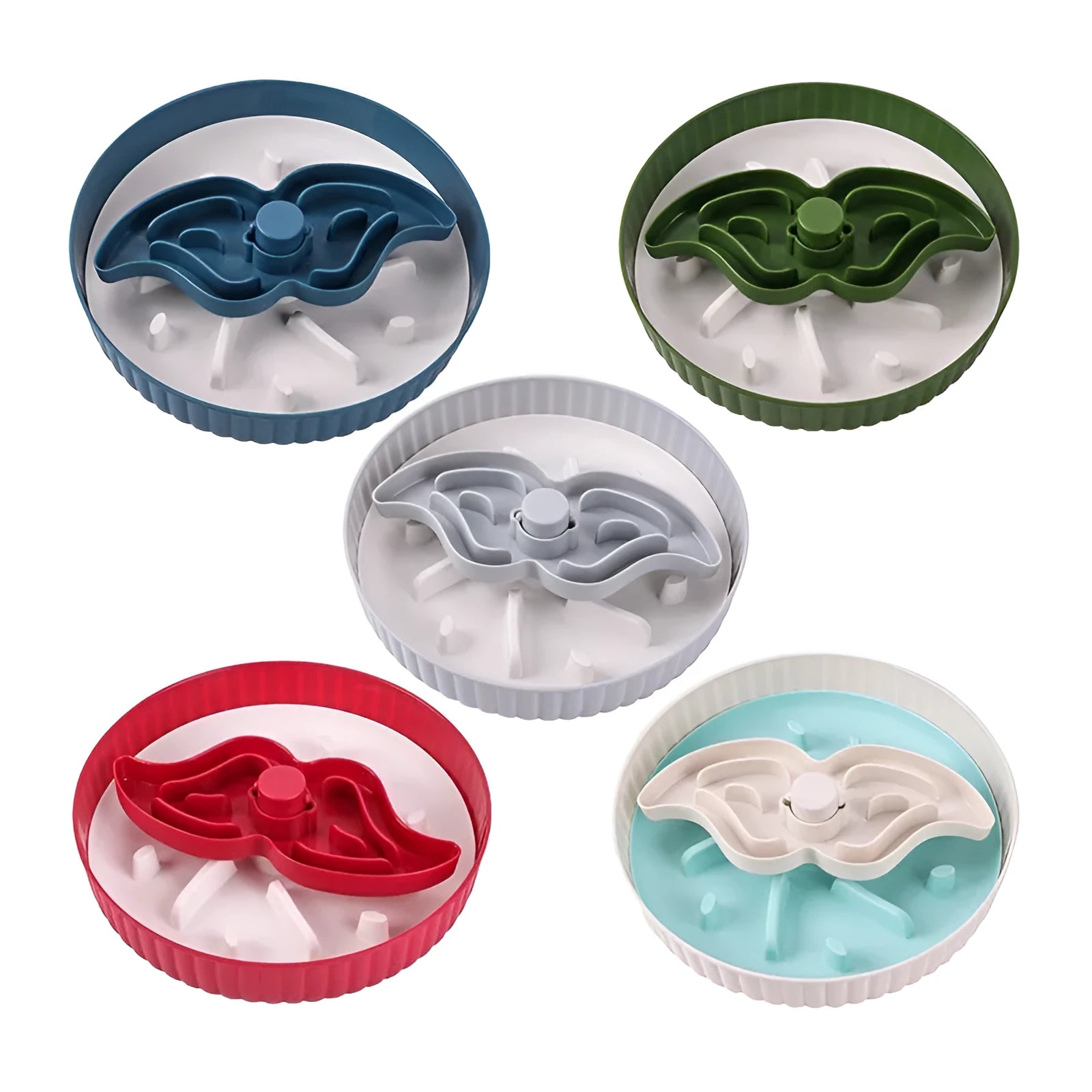 Interactive rotating slow feed pet bowl with silicone licking mat in blue windmill pattern