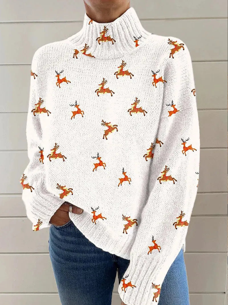 Women's loose fit Christmas print turtleneck sweater in a soft macaron colour.