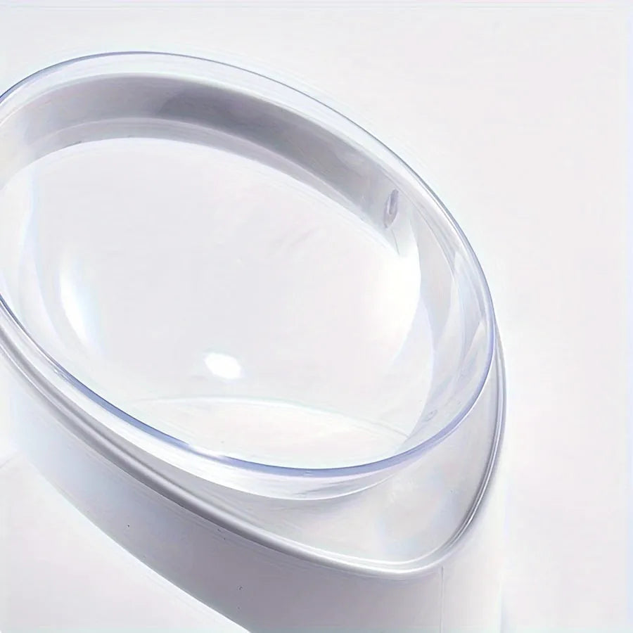 Clear white plastic cat food bowl with 4-degree anti-vomit tilt angle