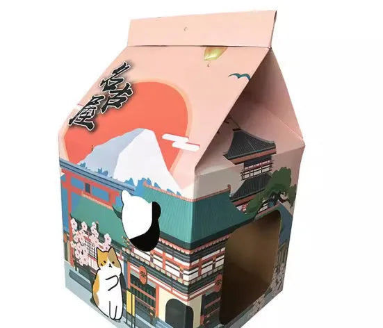 Foldable corrugated cardboard cat scratching board in Nagoya design, shown as both a flat scratcher and a formed nest.