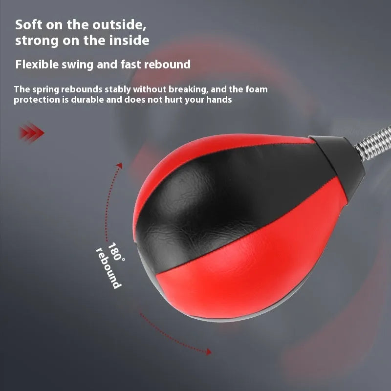 Pear-shaped hanging boxing training ball with red and black PU construction and complete mounting hardware