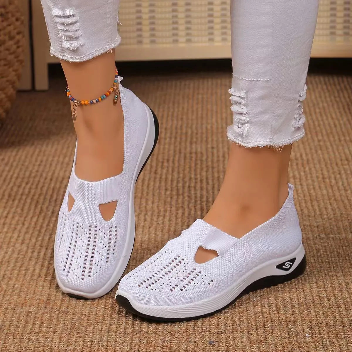 Casual low-top mesh shoes with a soft PVC sole and a T-shaped shoulder strap, shown in various colours.
