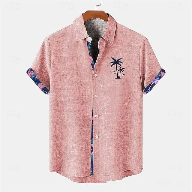 Linen short sleeve shirt with ocean fish pattern print on front, loose fit casual styling