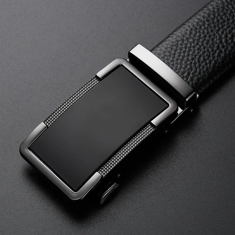 Men's leather automatic buckle belt in gun black, silver, or gold colour, showing the comfort click mechanism.