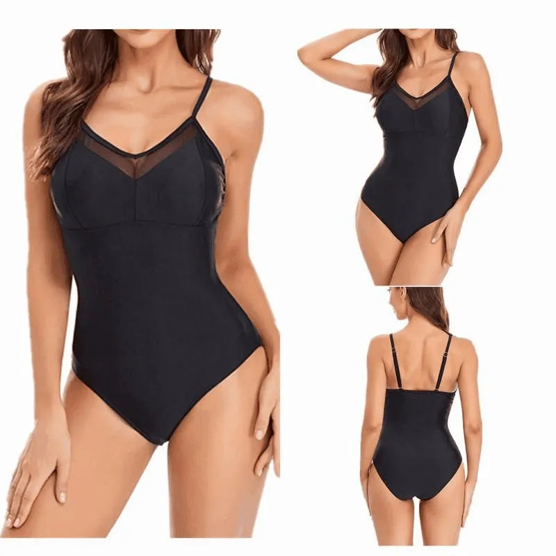 Ladies solid color backless one-piece swimsuit in black or blue with high elasticity tight fit