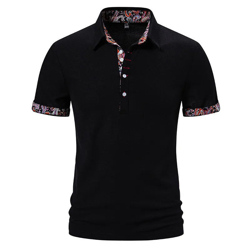 Men's white polo shirt with black colour stitching on turnover neck collar and short sleeves