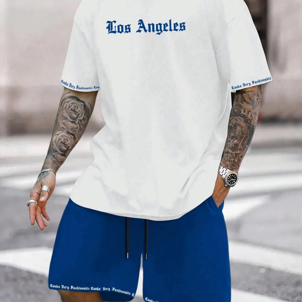 Men's sports shorts and t-shirt set in cotton blend fabric with printed pattern