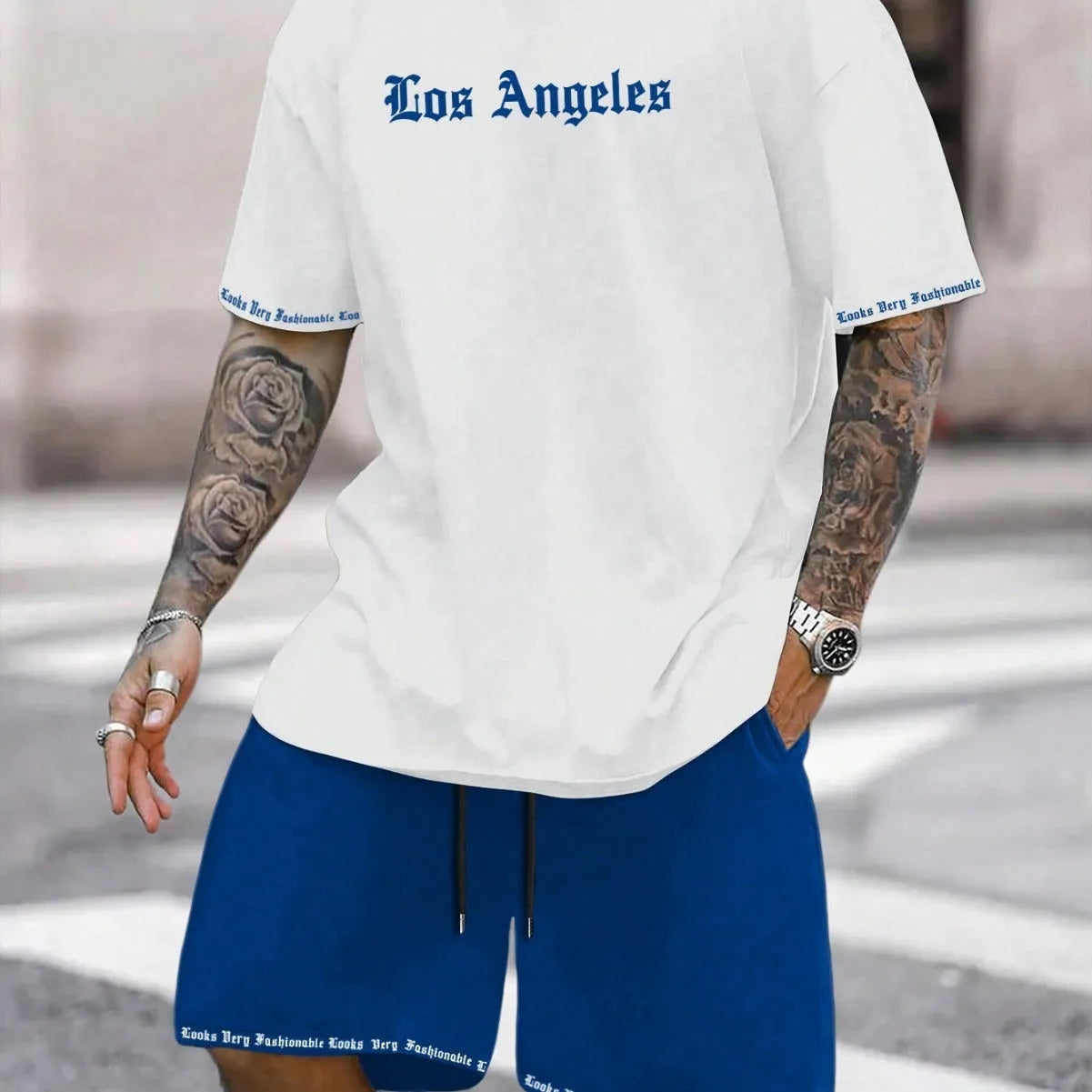 Men's sports shorts and t-shirt set in cotton blend fabric with printed pattern