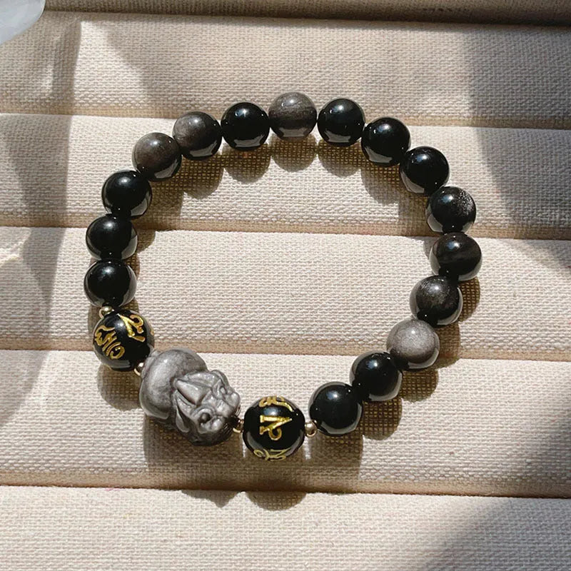 Men's silver stone bracelet with Chinese zodiac designs and proverb beading in handcrafted traditional style