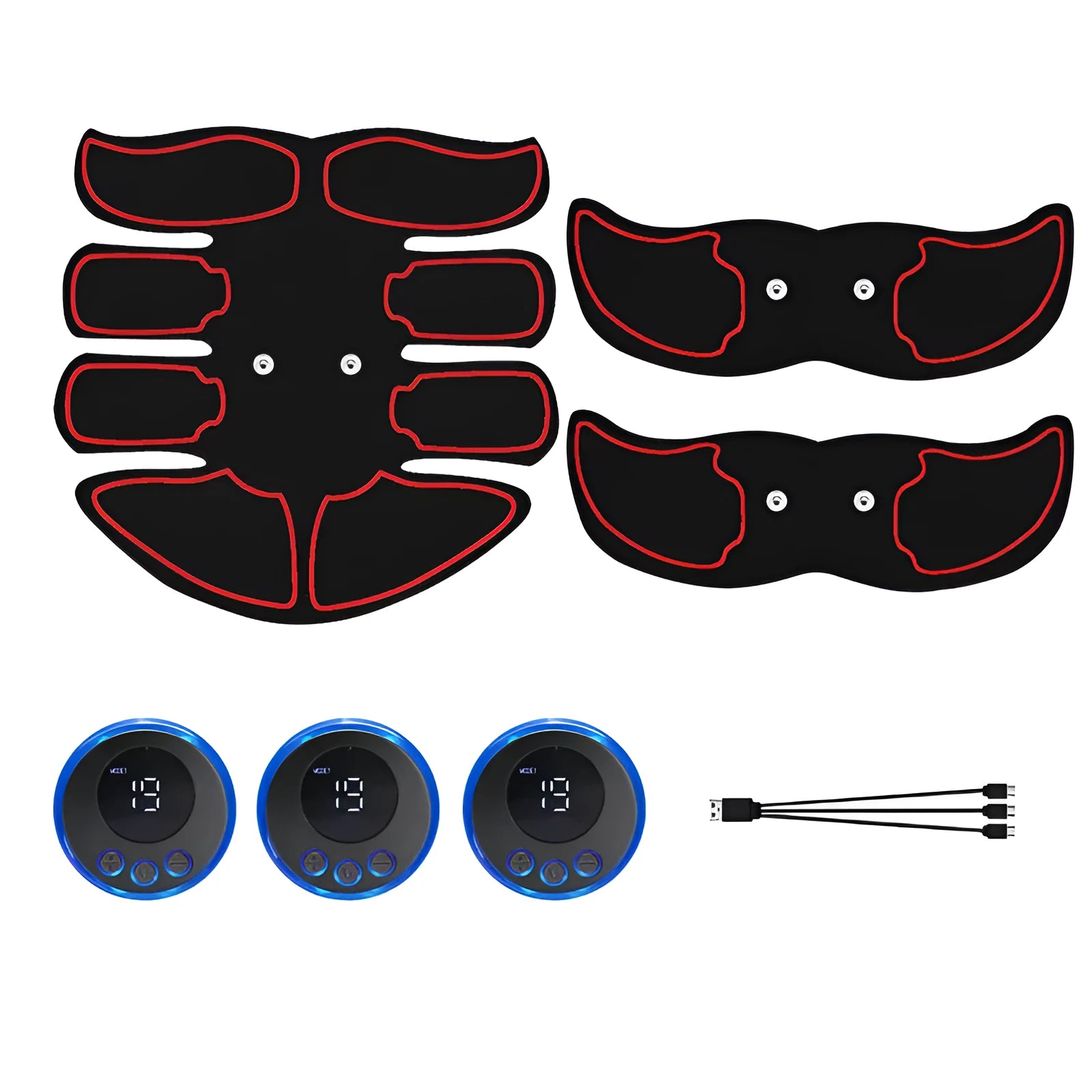 Abdominal muscle patch set with digital display charging in red, blue or yellow edge trim