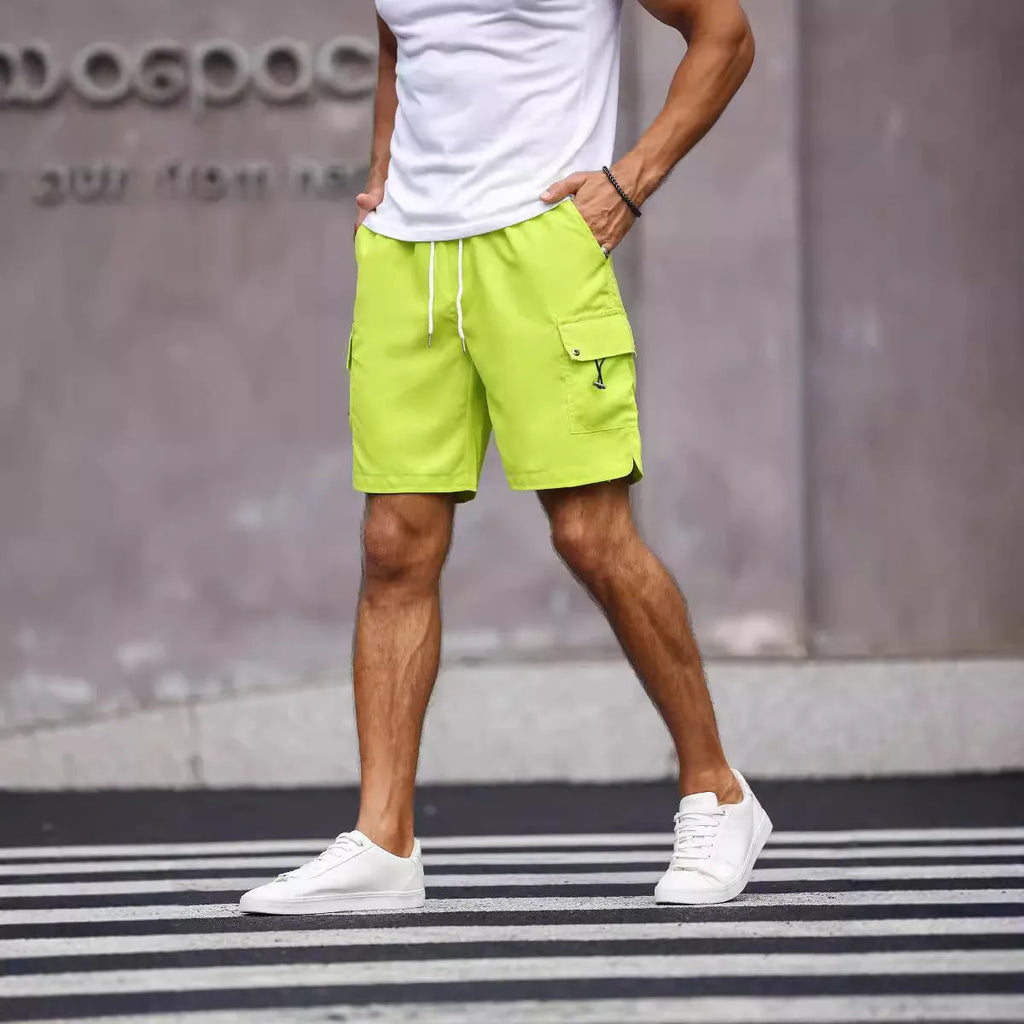 Men's loose fit work shorts in fluorescent green and army green colours with straight leg design