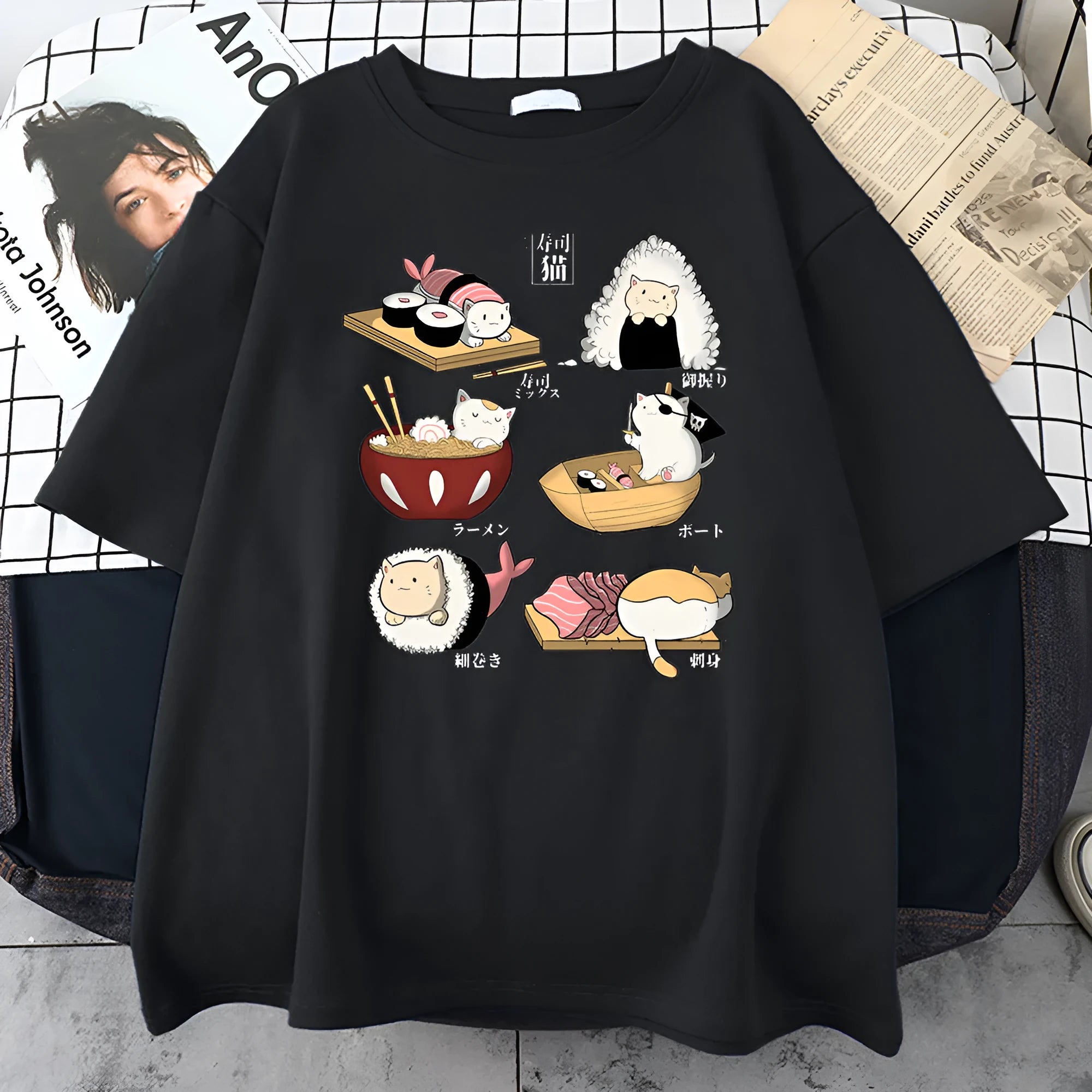 Men's cotton T-shirt with cartoon cat sushi design in loose fit with short sleeves
