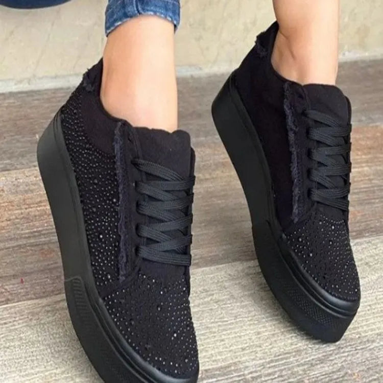Women's plus size black casual sports shoes with rhinestones, lace-up front, and chunky flat rubber sole