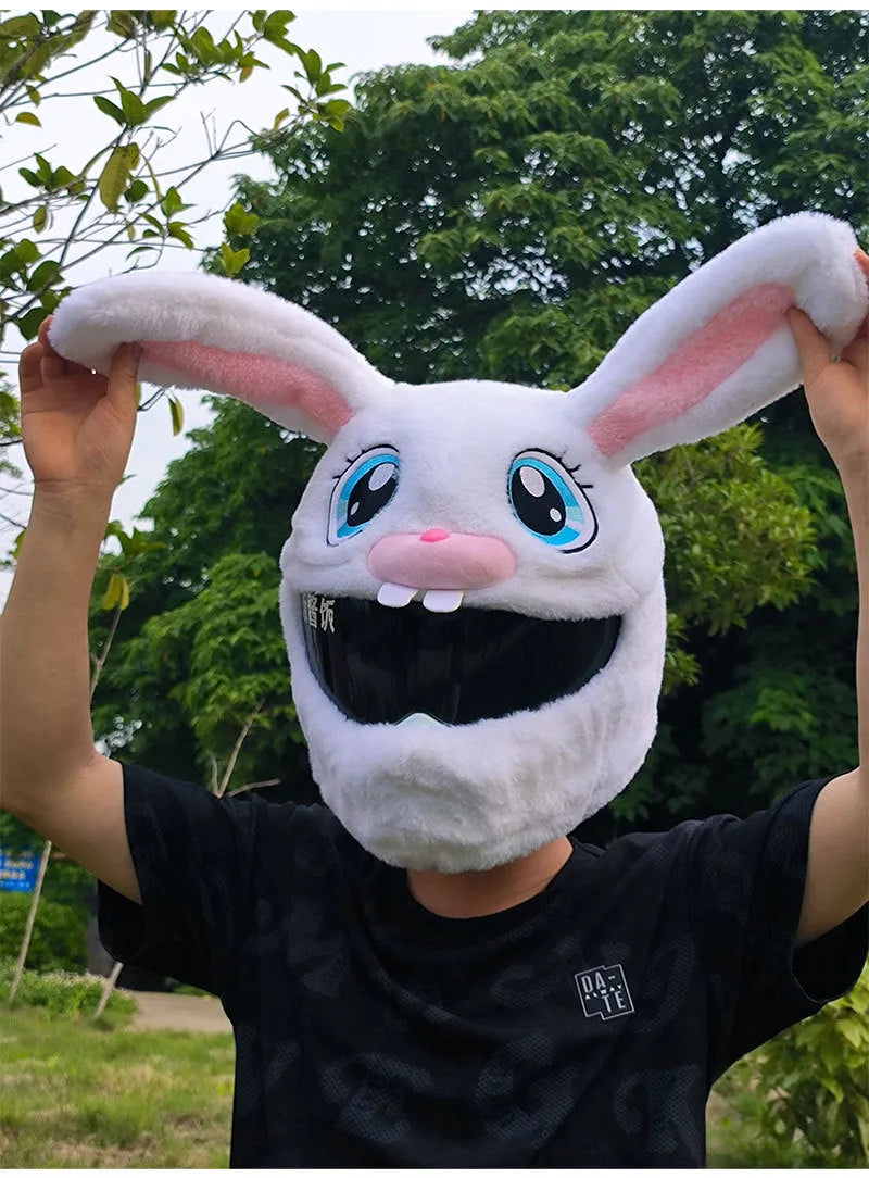 White plush rabbit head decorative cover for electric motorcycle helmet