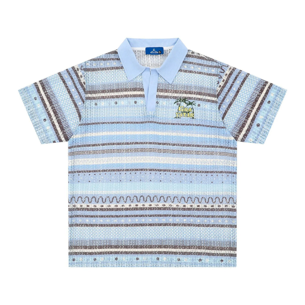 Men's printed casual shirt in yellow or blue with elastic polyester fabric and short sleeves