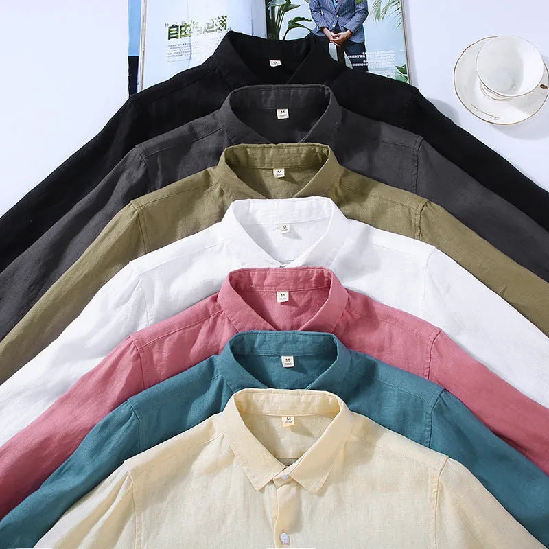 Men's pure linen shirt in cardigan style, shown in a solid earthy colour with long sleeves.