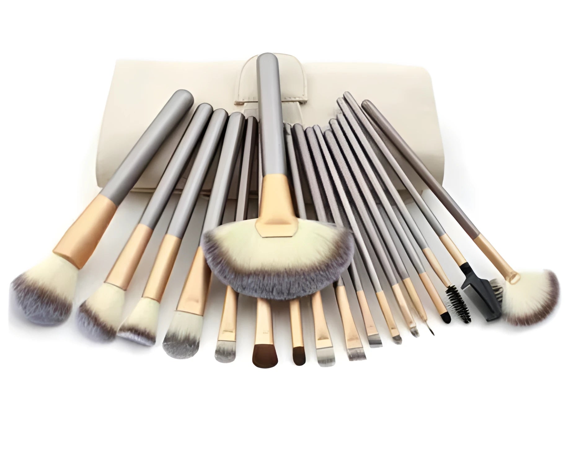 Persian makeup brush set with rice white bristles and champagne coloured handles showing multiple brush types