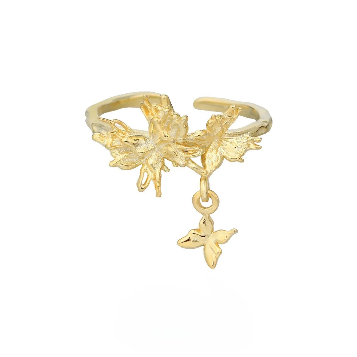 Silver butterfly ring with adjustable opening in white gold or 18K gold colour electroplated finish