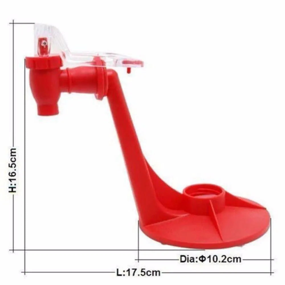 Red plastic Magic Tap soda dispenser attached to inverted 2 litre bottle