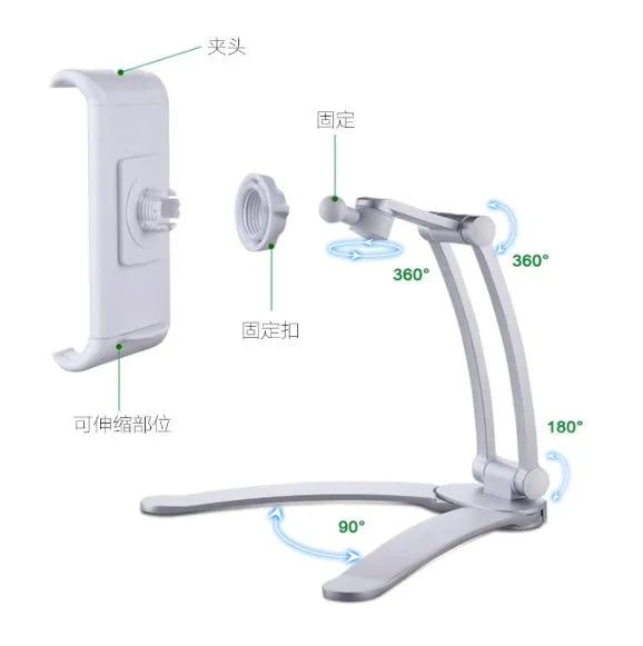 Silver aluminium alloy desktop tablet stand holding a tablet, showing 360-degree rotation adjustment.