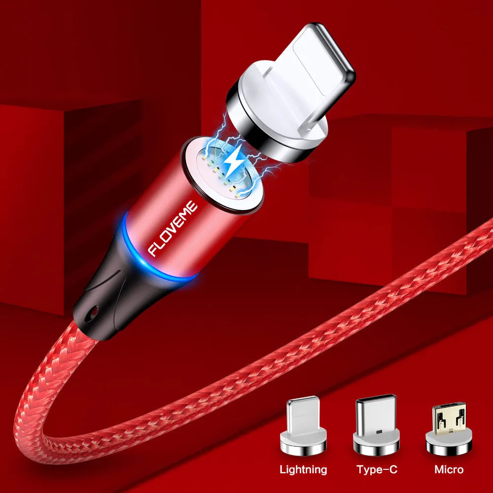 Black magnetic data cable with LED light showing iPhone and Android compatibility