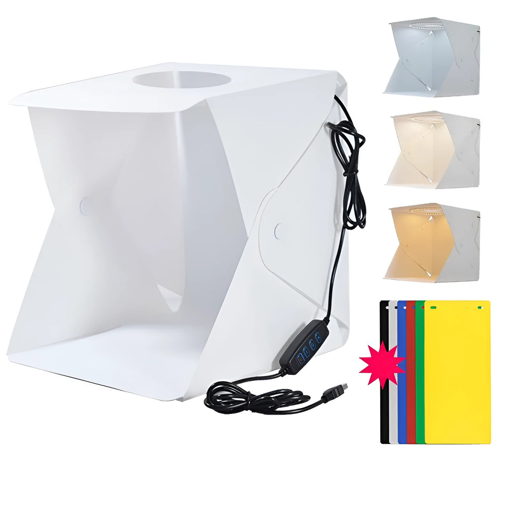 40cm folding photography light box with adjustable colour temperature and six coloured background cloths