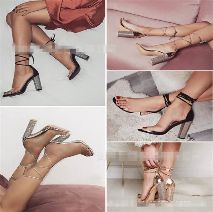 Black or gold plastic high heels with pointed toe design on size label