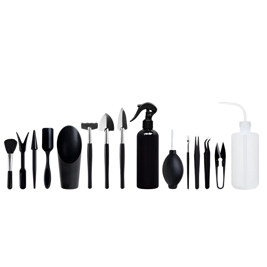Black plastic and metal 16-piece mini garden tool set for succulents including tools and cushion mat
