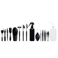 Black plastic and metal 16-piece mini garden tool set for succulents including tools and cushion mat
