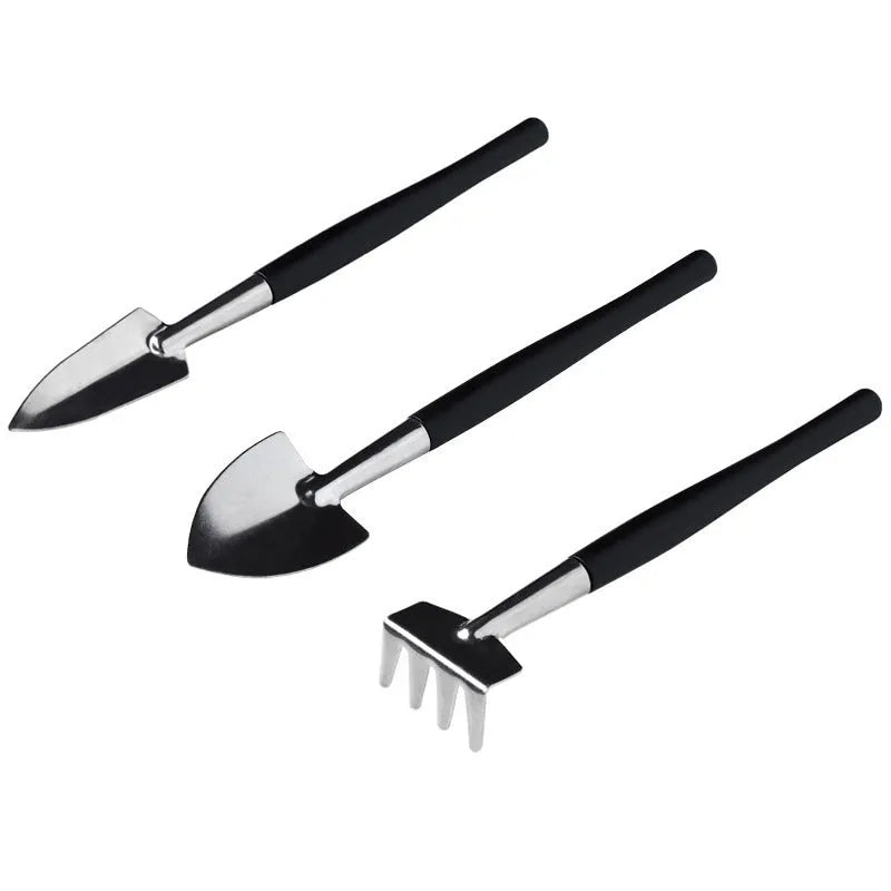 Black plastic and metal 16-piece mini garden tool set for succulents including tools and cushion mat