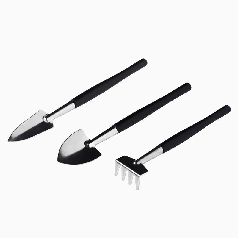 Black plastic and metal 16-piece mini garden tool set for succulents including tools and cushion mat