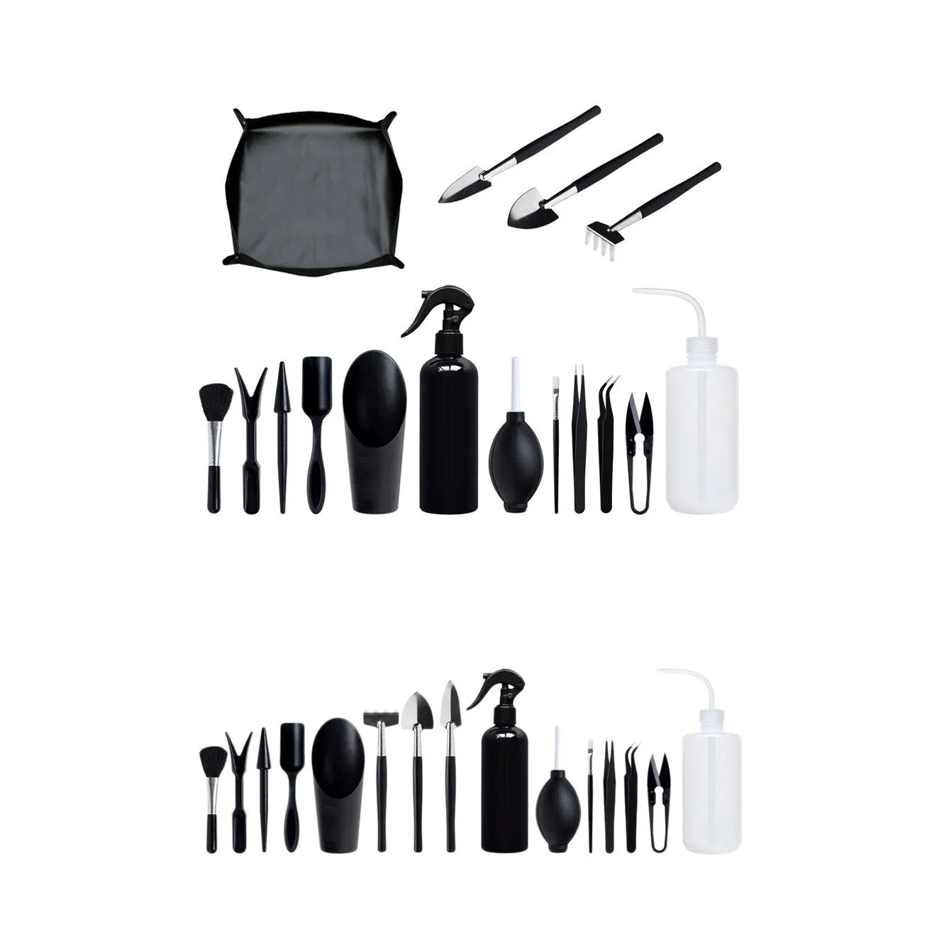 Black plastic and metal 16-piece mini garden tool set for succulents including tools and cushion mat