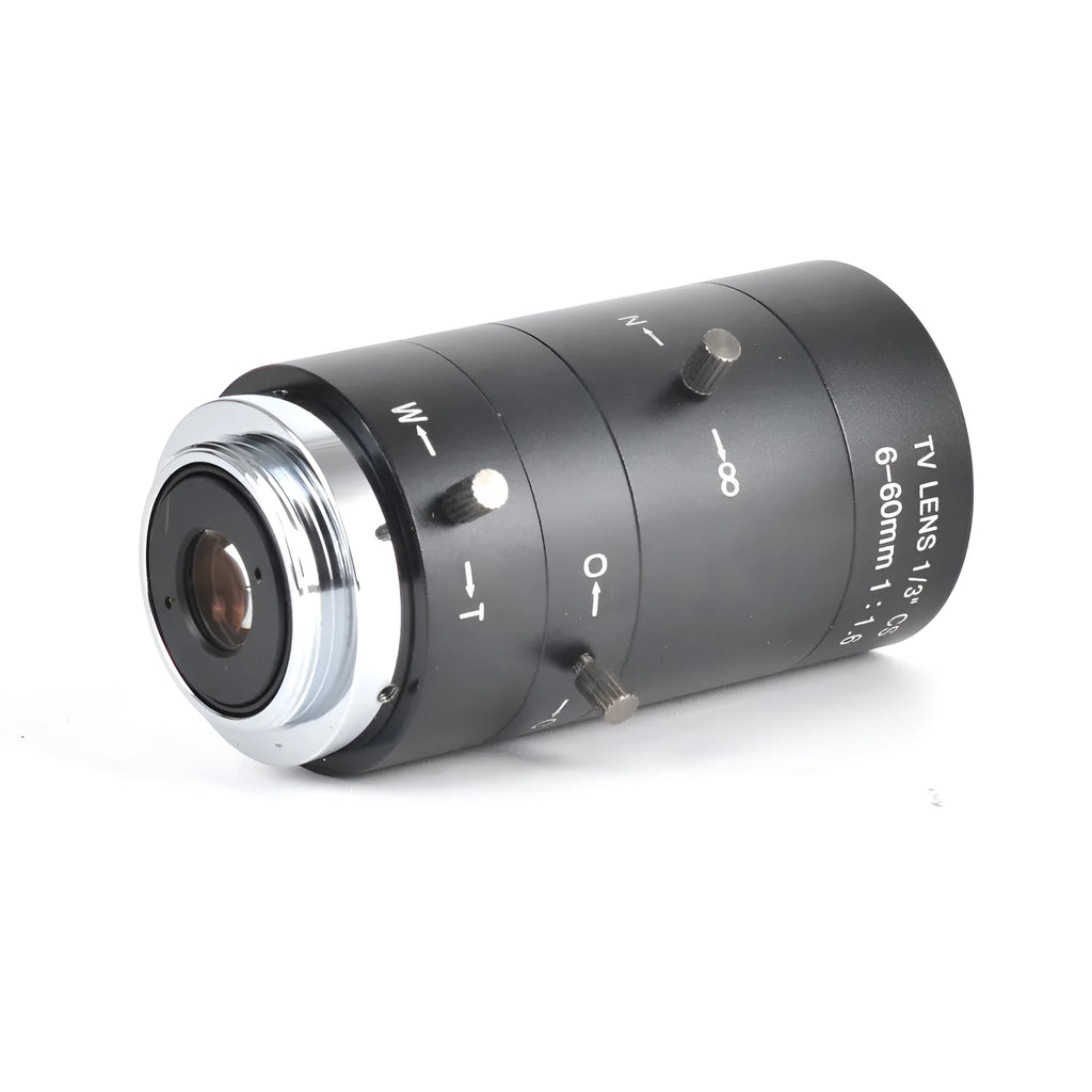Black CS mount manual camera lens with 6-60mm focal length markings
