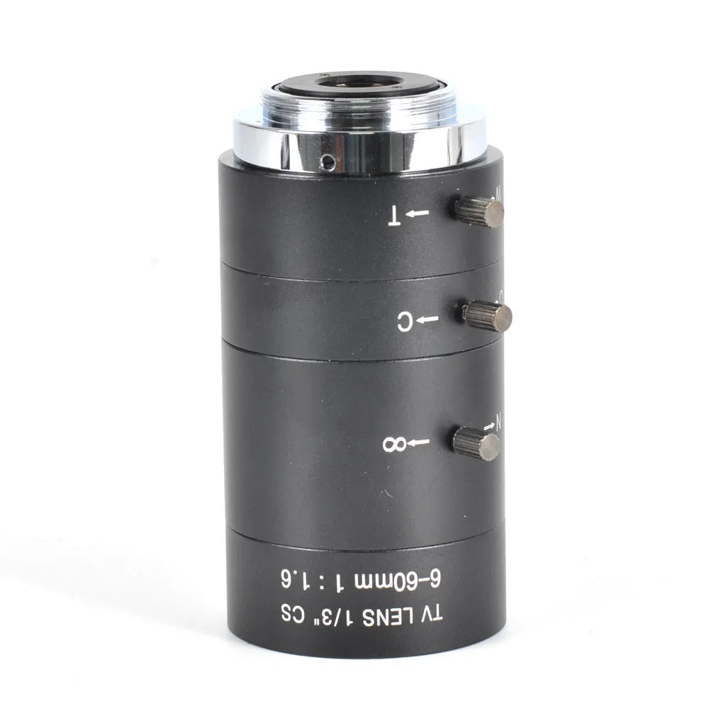 Black CS mount manual camera lens with 6-60mm focal length markings