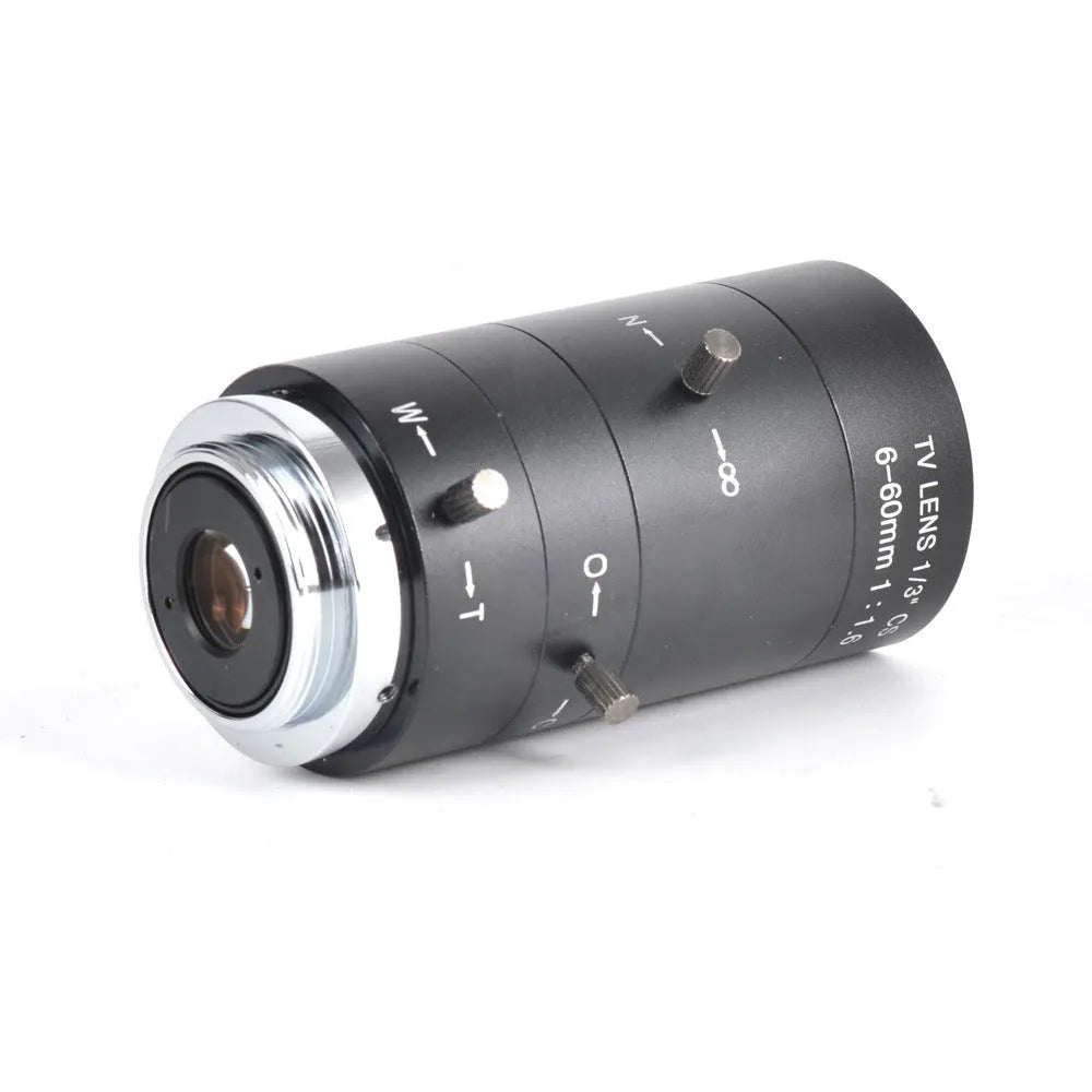 Black CS mount manual camera lens with 6-60mm focal length markings